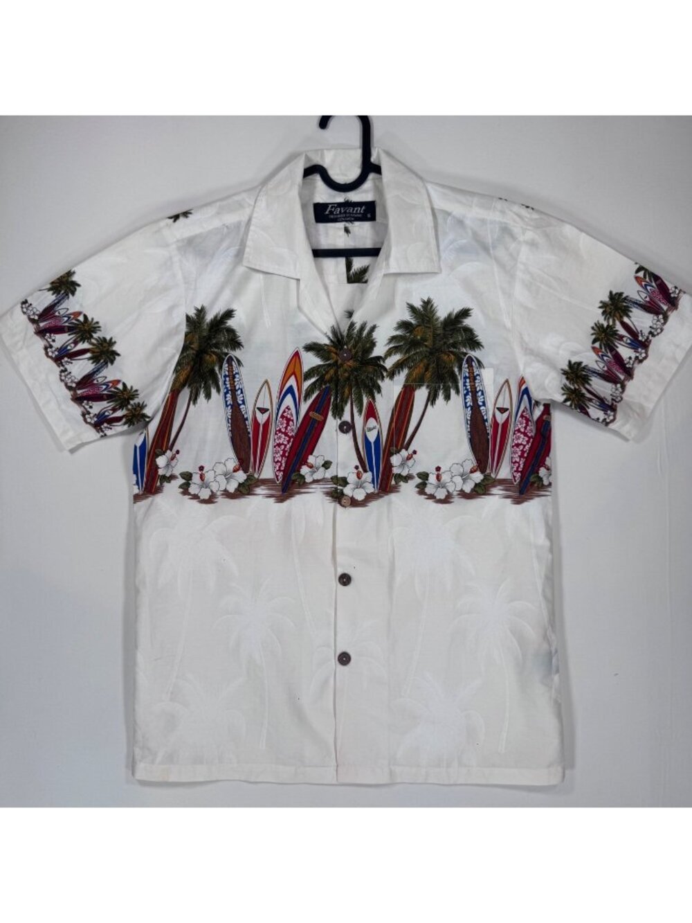 Hawaiian Aloha Shirt White Surfboard Surfing Palm Hibiscus Print Cotton S Vtg